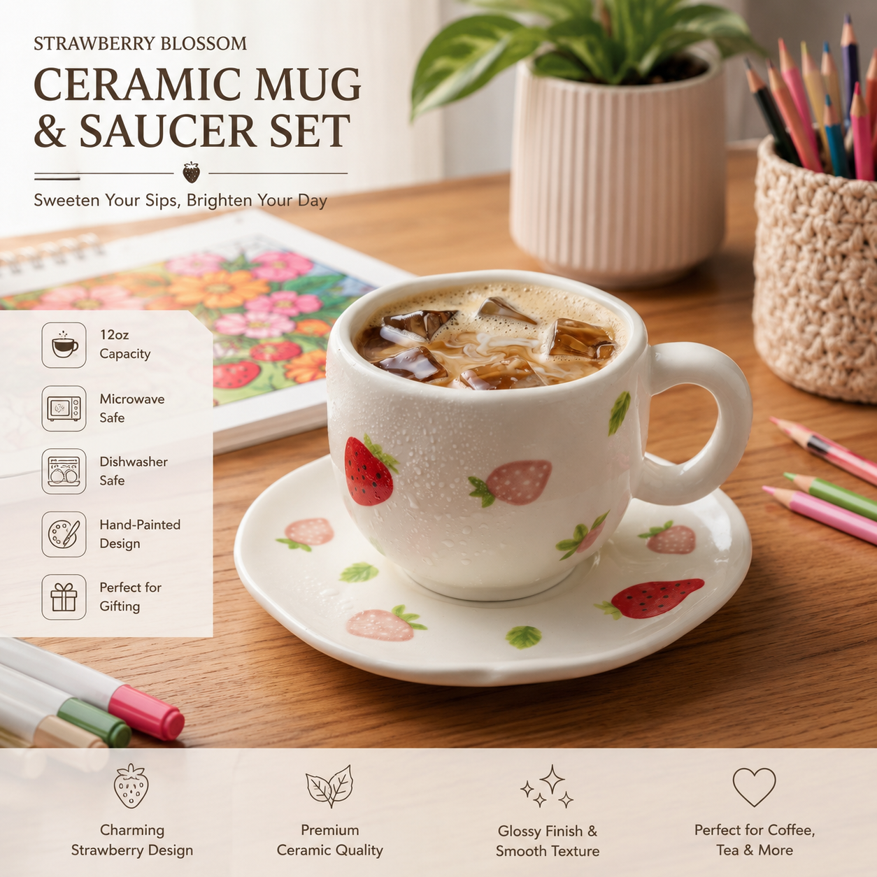 Strawberry Ceramic Coffee Mug with Matching Saucer – Microwave & Dishwasher Safe | Premium Strawberry Coffee Cup Gift