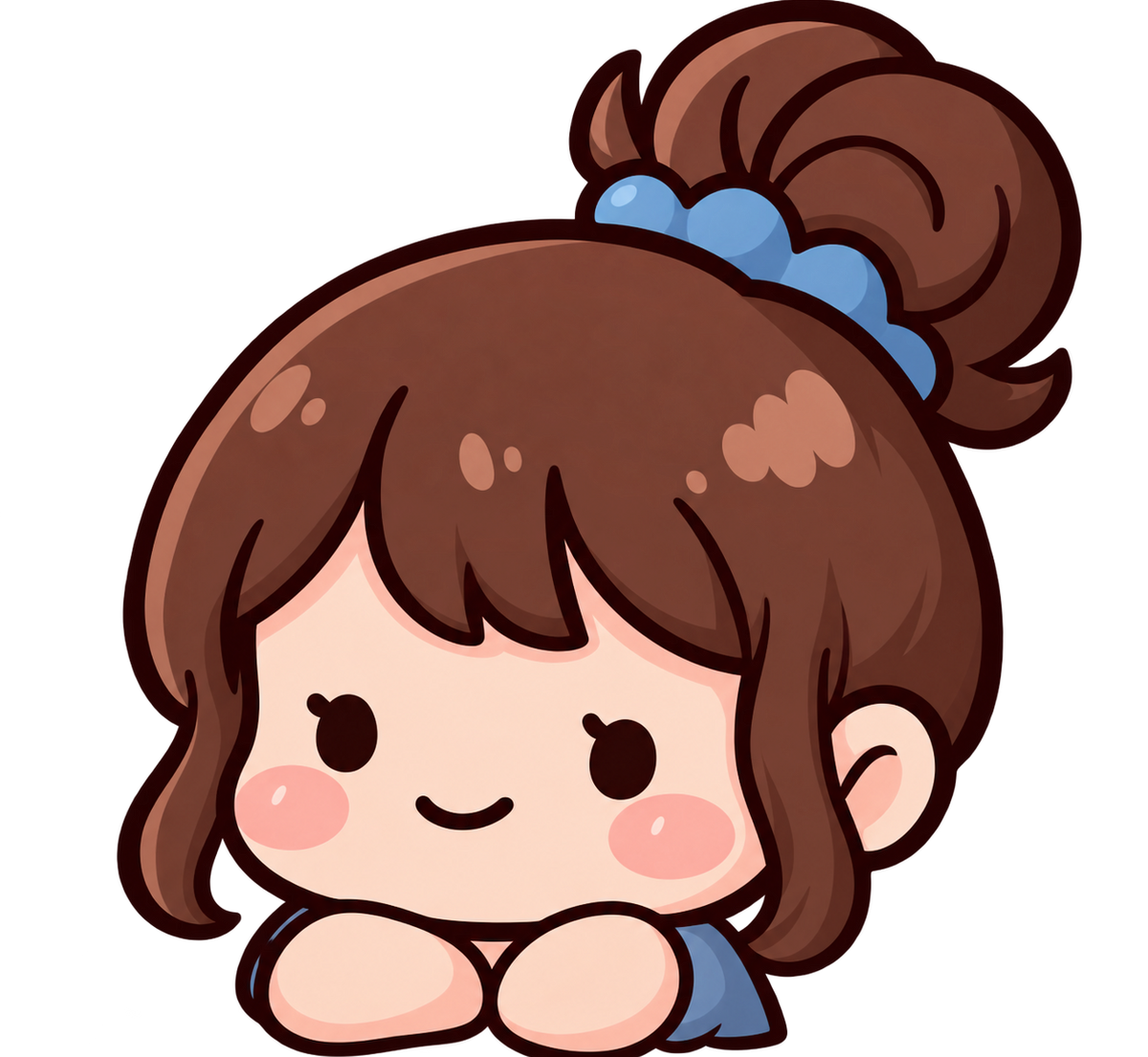 A cute cartoon girl illustration with brown hair in a high ponytail, pink cheeks, and a blue hair tie, shown on a plain white background.