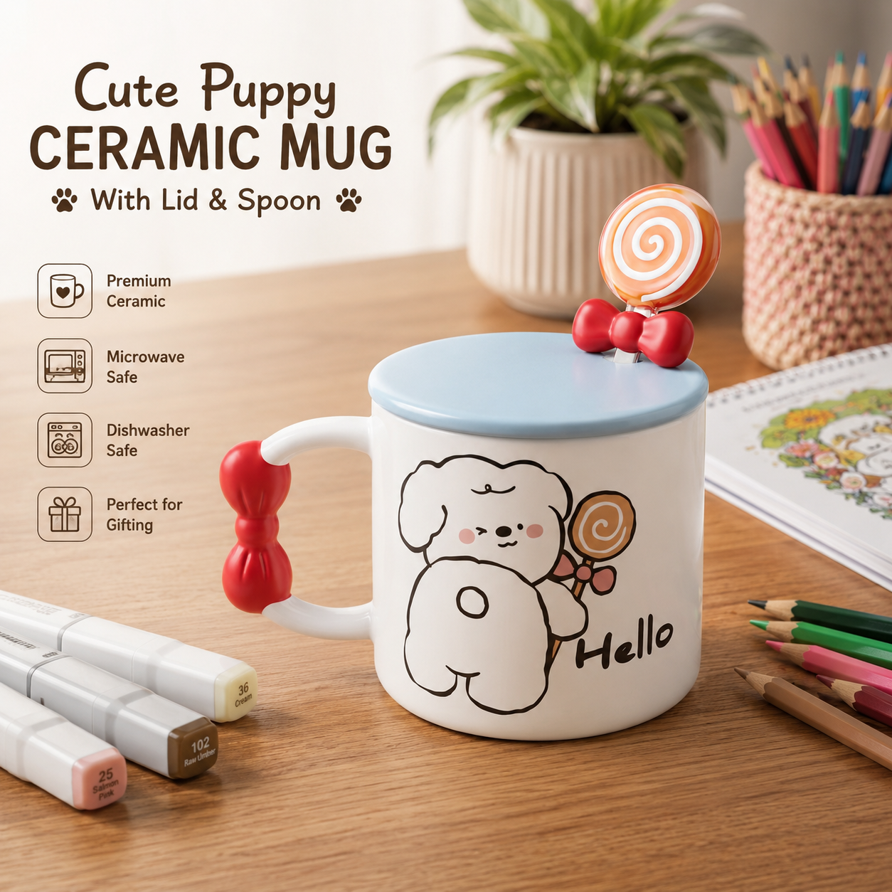 ☕ Blue Cute Bear Ceramic Coffee Mug with Lid & Spoon – Premium Microwave & Dishwasher Safe Coffee Cup Gift