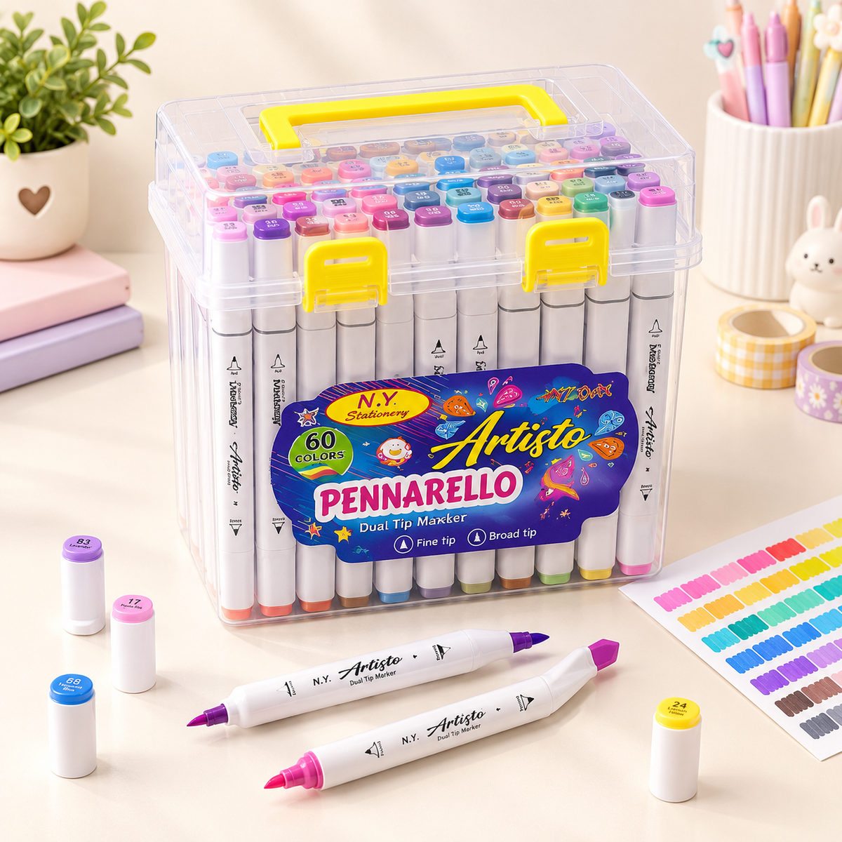 🎨 🖍️ 60 Alcohol-Based Dual-Tip Markers — TRANSPARENT BOX