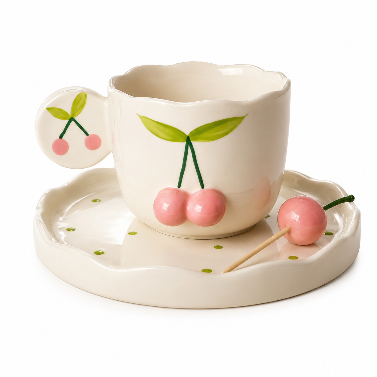 🍒 Hand-Painted Cherry Relief Ceramic Coffee Mug with Matching Tray – Microwave & Dishwasher Safe | Premium Cherry Mug Gift