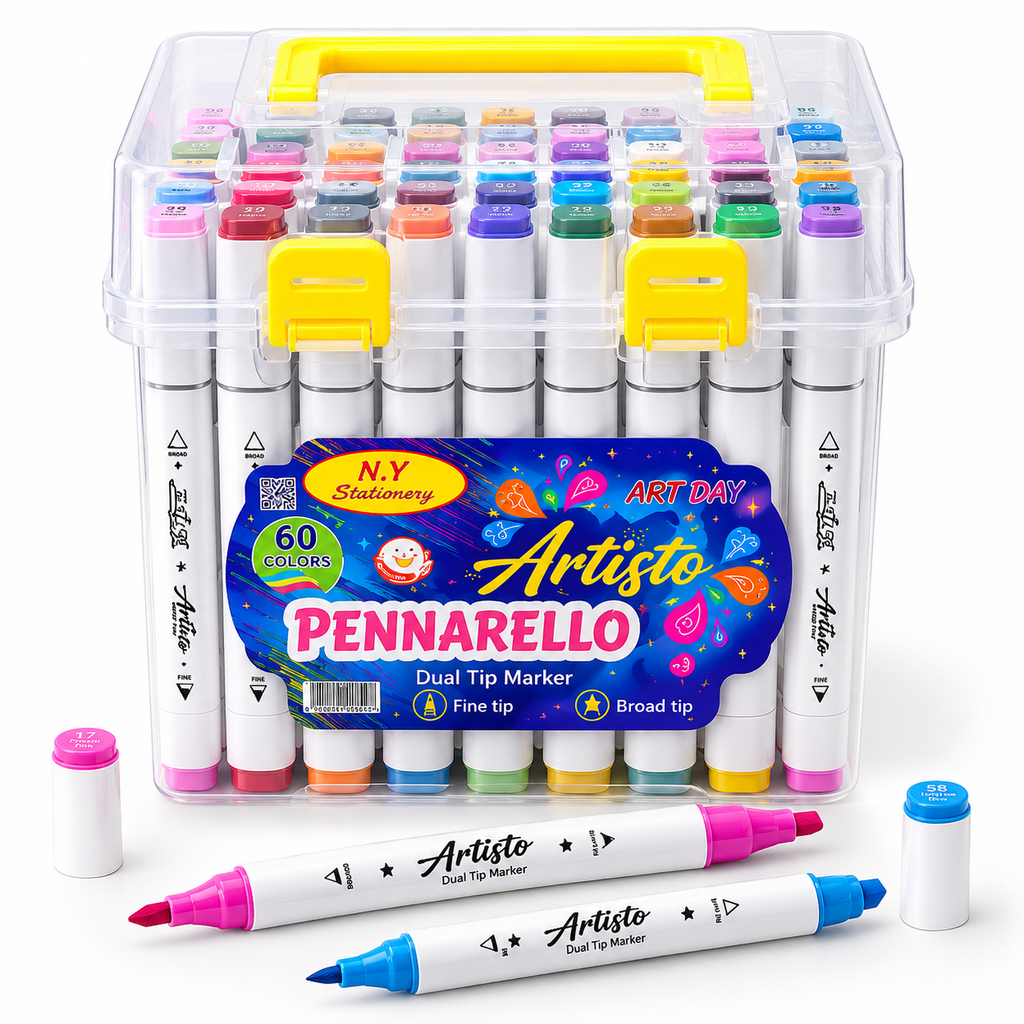 🎨 🖍️ 60 Alcohol-Based Dual-Tip Markers — TRANSPARENT BOX