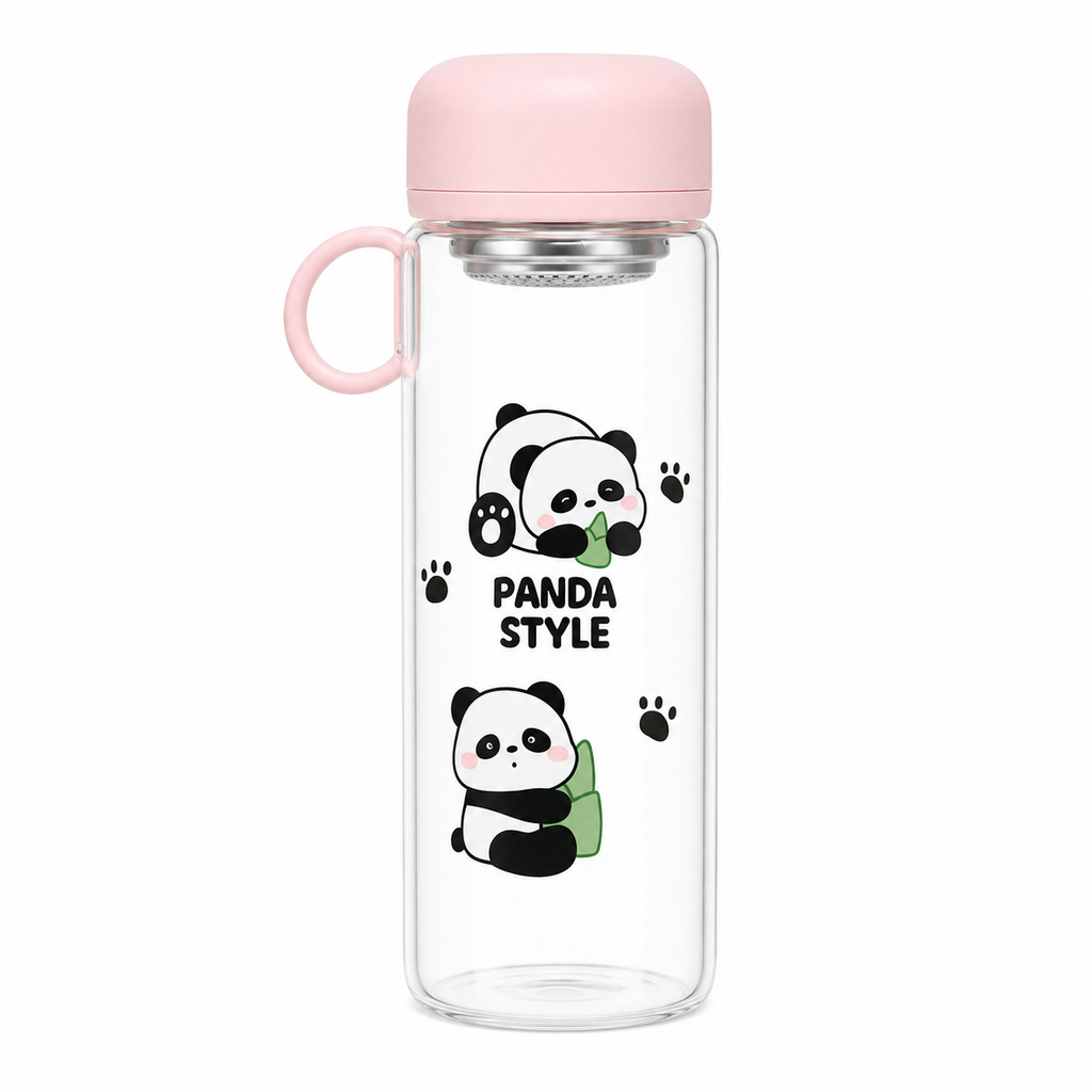 🐼 Light Pink Cute Panda Glass Water Bottle