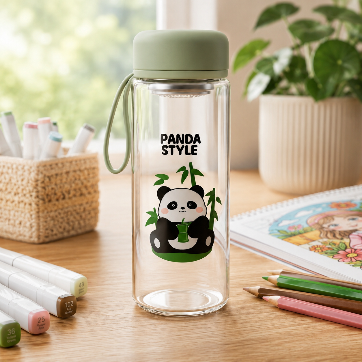 🐼 Green Cute Panda Glass Water Bottle with Tea Infuser – Leakproof Reusable Drinking Bottle