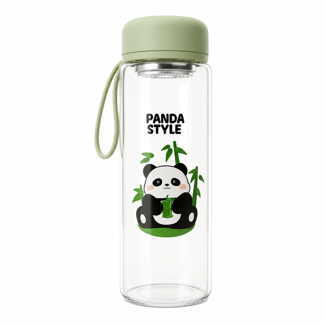 🐼 Green Cute Panda Glass Water Bottle with Tea Infuser – Leakproof Reusable Drinking Bottle