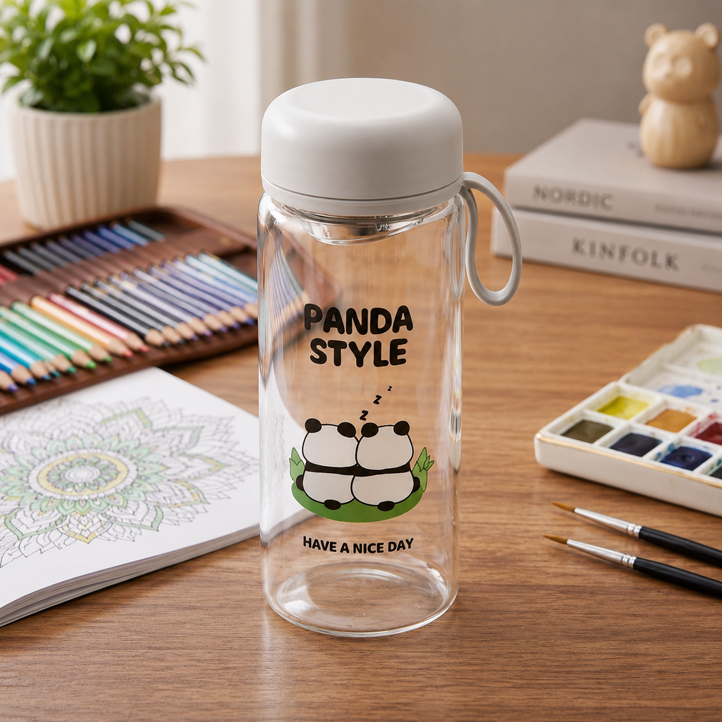 🐼 Grey Cute Panda Glass Water Bottle with Tea Infuser – Grey Leakproof Reusable Bottle