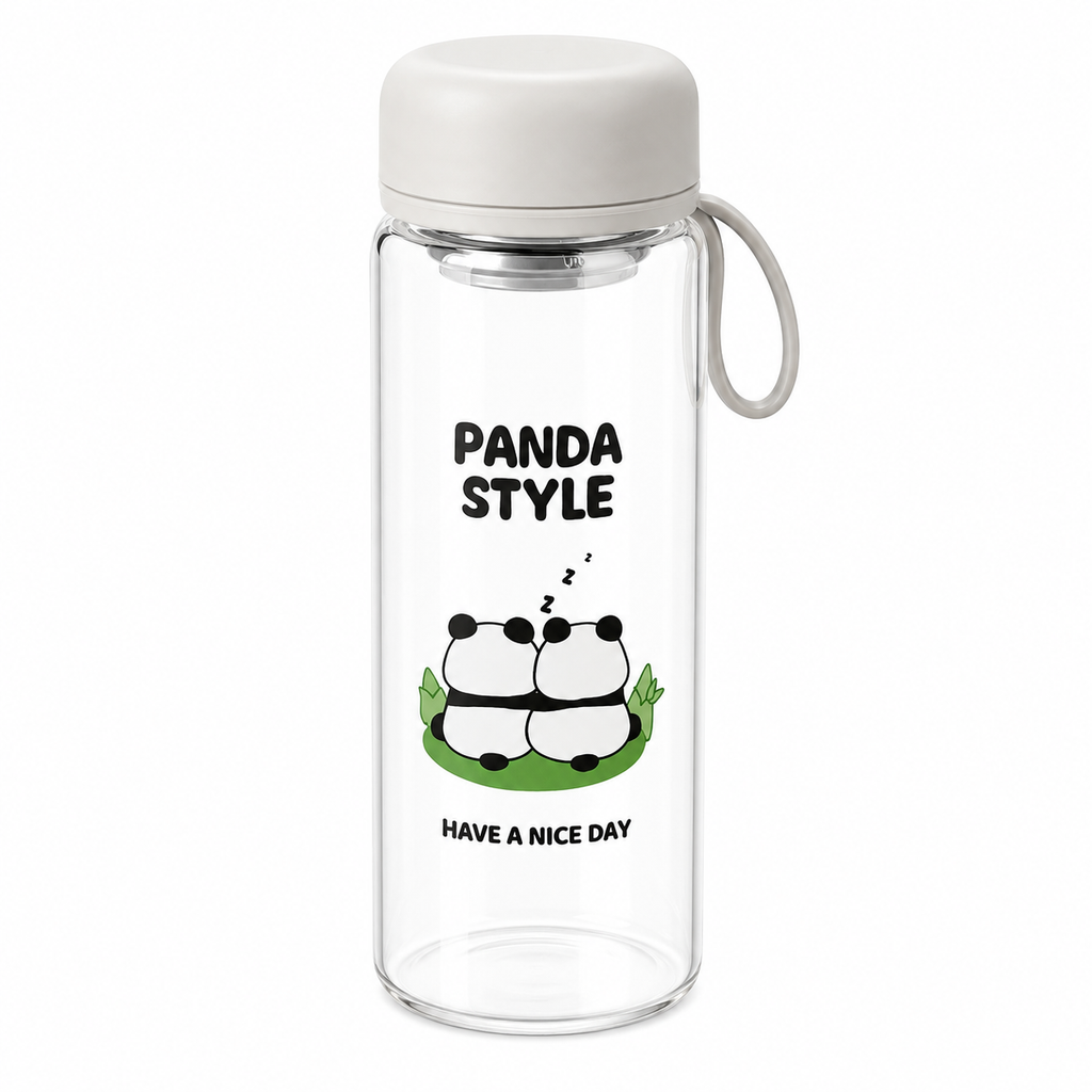 🐼 Grey Cute Panda Glass Water Bottle with Tea Infuser – Grey Leakproof Reusable Bottle