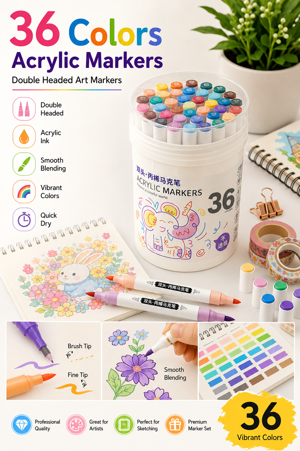 🎨 Marqueurs de Peinture Acrylique Professionnels 36 Couleurs, Pointe Fine et Pinceau Double, Convient pour la Pierre, le Bois, la Calligraphie