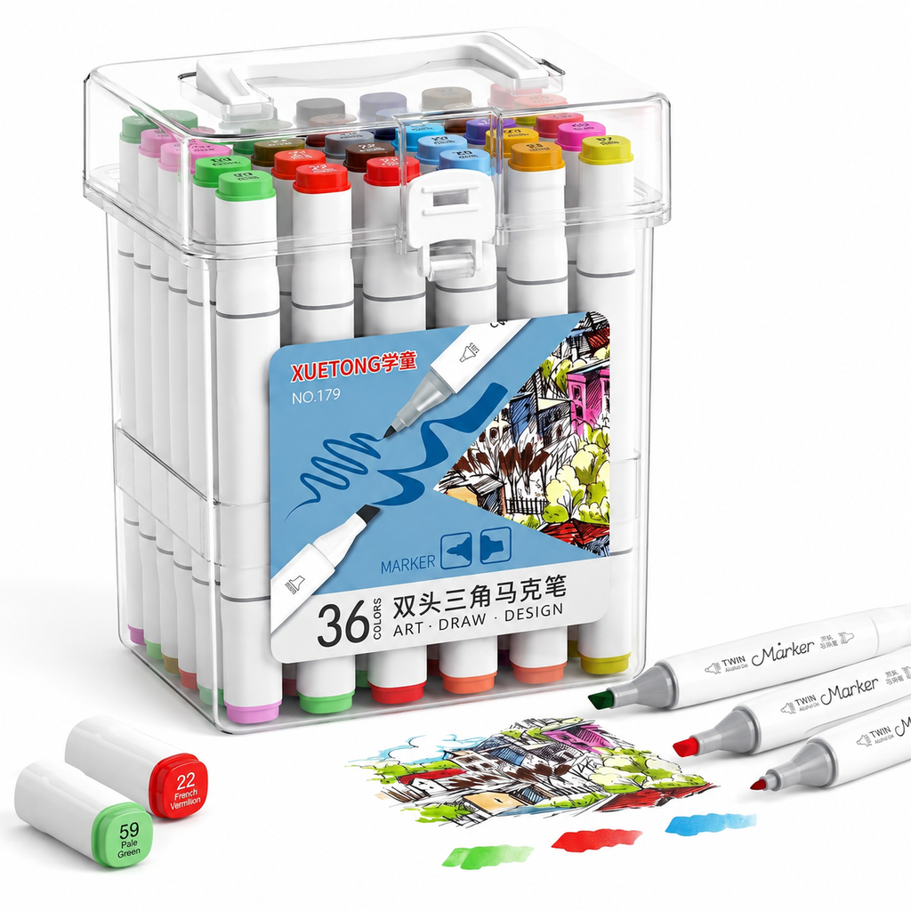 🎨 🖍️ 36 Alcohol-Based Dual-Tip Markers — TRANSPARENT BOX