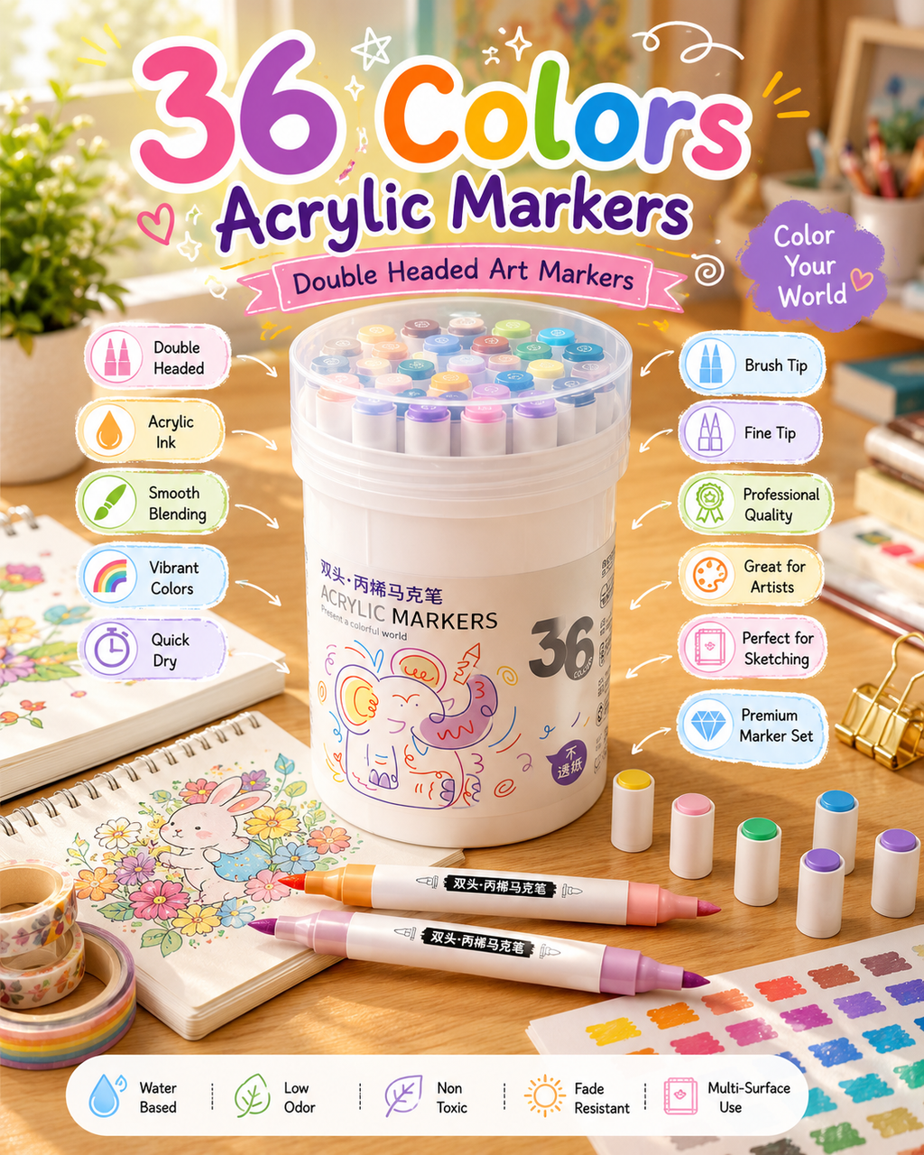 🎨 Marqueurs de Peinture Acrylique Professionnels 36 Couleurs, Pointe Fine et Pinceau Double, Convient pour la Pierre, le Bois, la Calligraphie