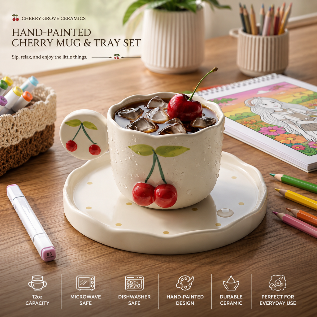 🍒 Hand-Painted Cherry Relief Ceramic Coffee Mug with Matching Tray – Microwave & Dishwasher Safe | Premium Cherry Mug Gift (Copy)