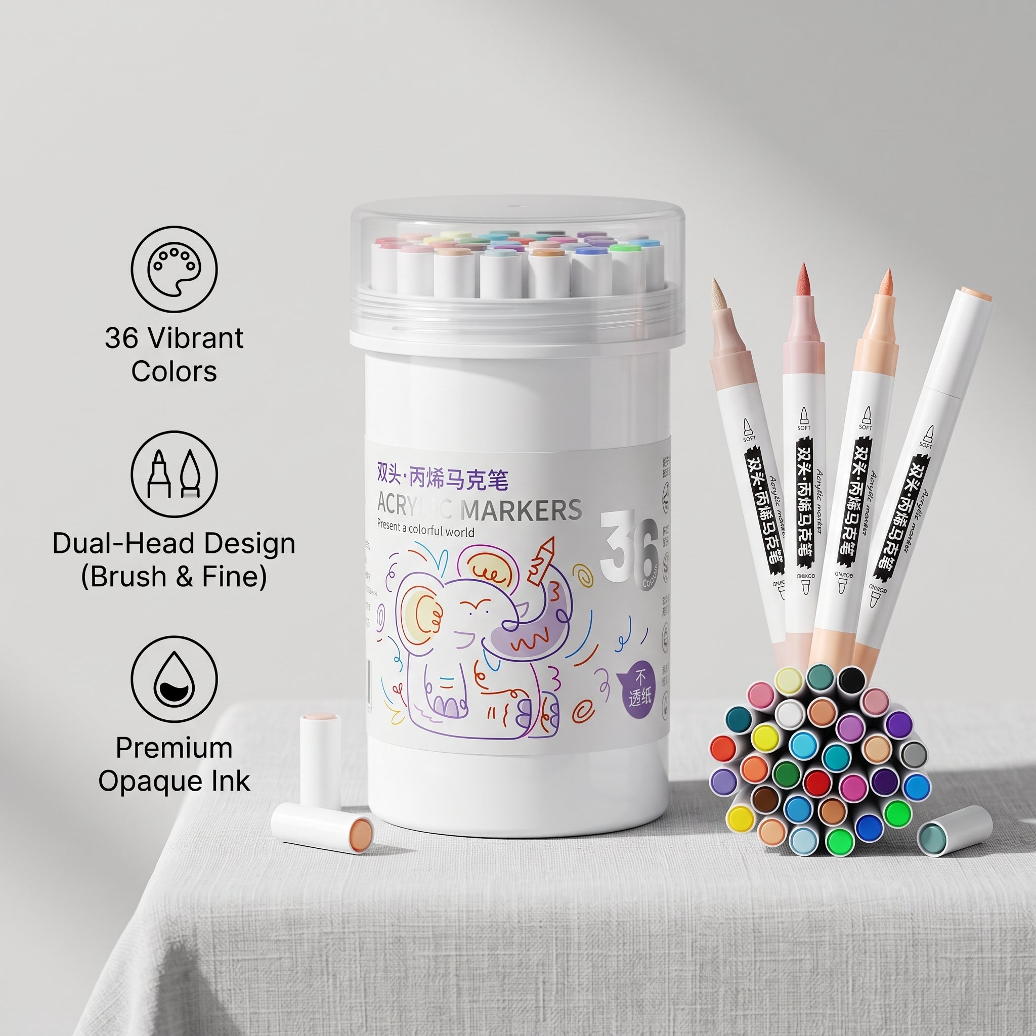 🎨 Professional Art Use 36-Color Acrylic Paint Markers, Dual-Tip Fine and Brush Tip Pens, Suitable for Stone, Wood, Calligraphy