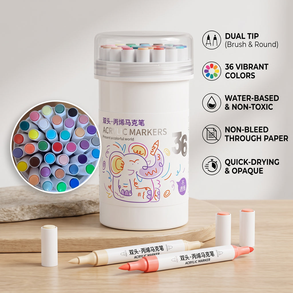 🎨 Marqueurs de Peinture Acrylique Professionnels 36 Couleurs, Pointe Fine et Pinceau Double, Convient pour la Pierre, le Bois, la Calligraphie