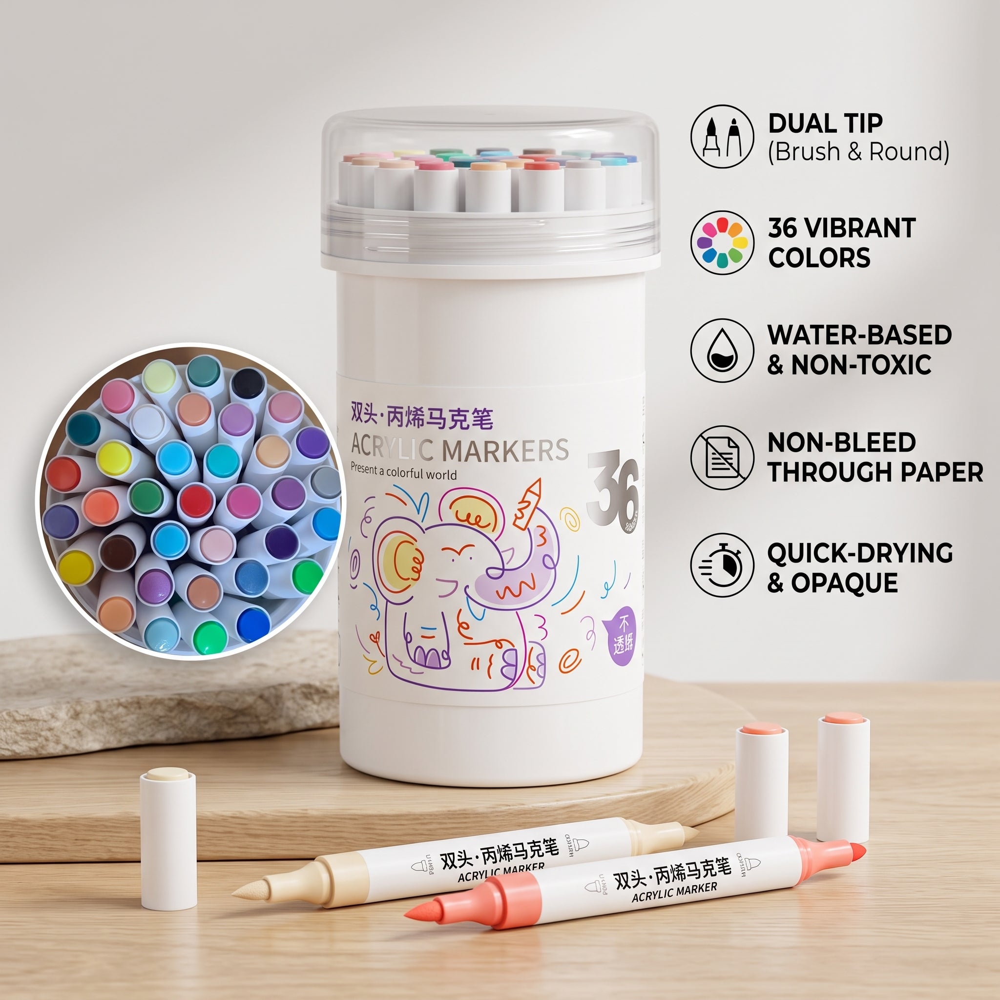 🎨 Professional Art Use 36-Color Acrylic Paint Markers, Dual-Tip Fine and Brush Tip Pens, Suitable for Stone, Wood, Calligraphy