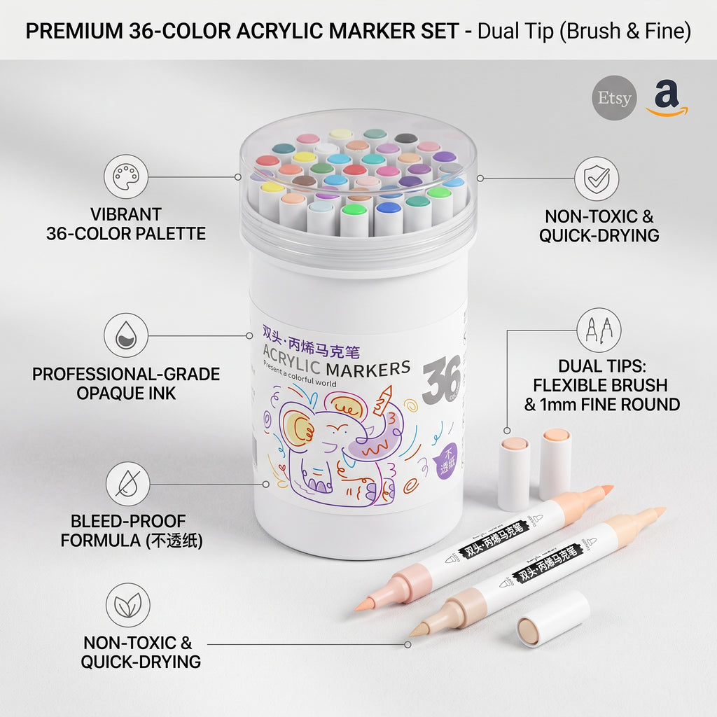 🎨 Marqueurs de Peinture Acrylique Professionnels 36 Couleurs, Pointe Fine et Pinceau Double, Convient pour la Pierre, le Bois, la Calligraphie