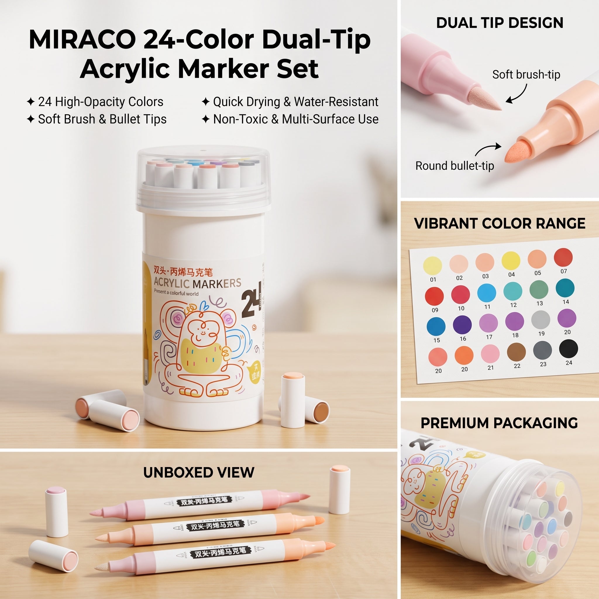 🎨 Professional Art Use 24-Color Acrylic Paint Markers, Dual-Tip Fine and Brush Tip Pens, Suitable for Stone, Wood, Calligraphy