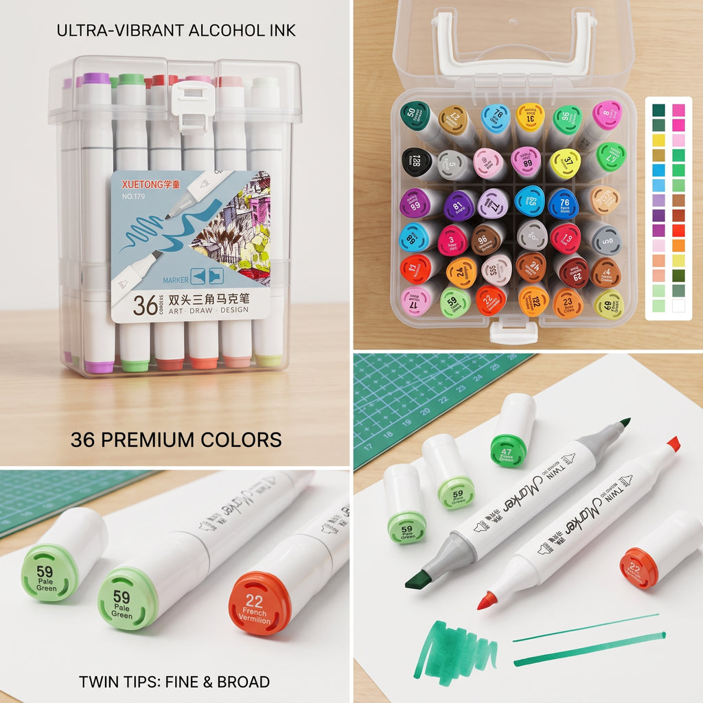 🎨 🖍️ 36 Alcohol-Based Dual-Tip Markers — TRANSPARENT BOX