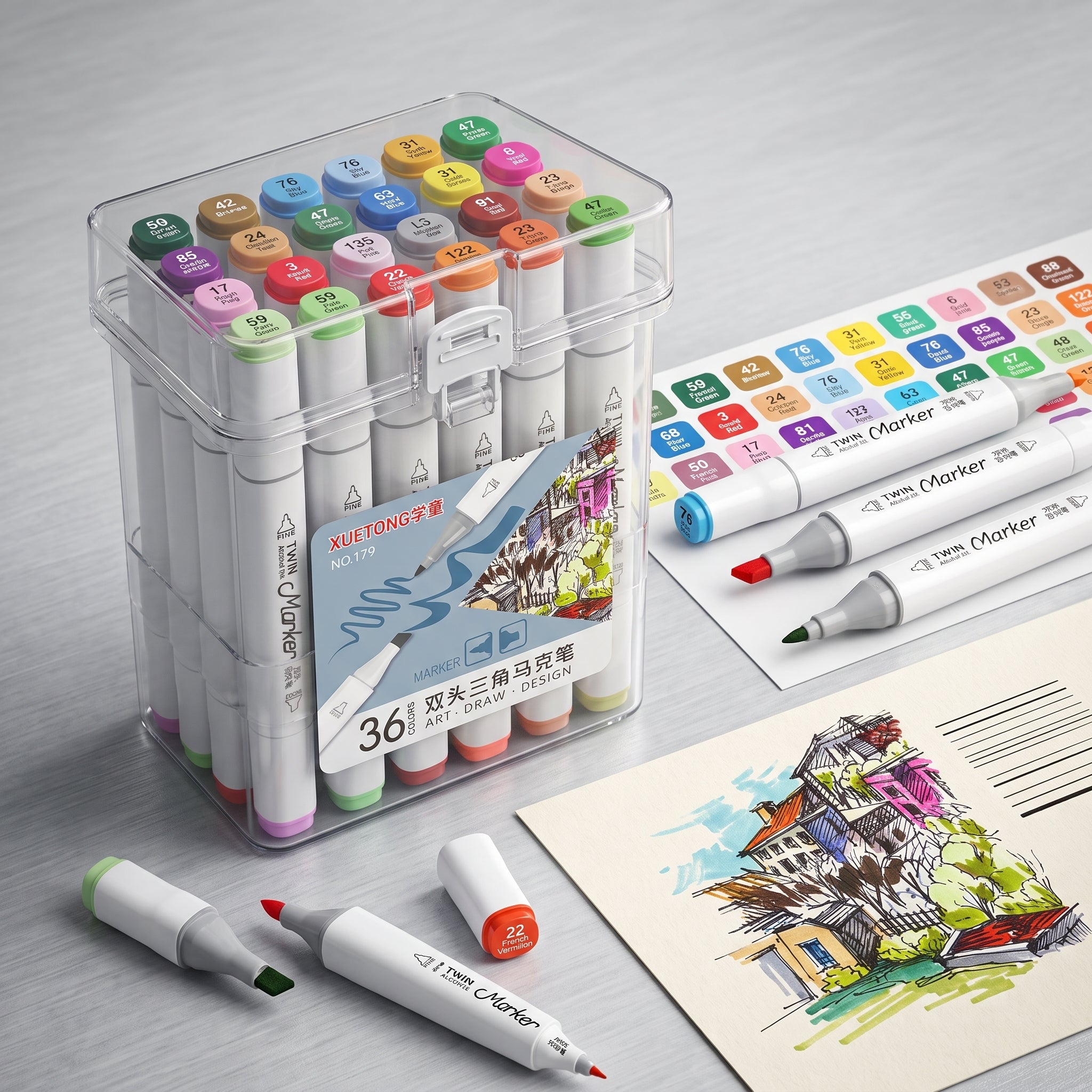 36 Colors Professional Alcohol-Based Dual Tip Art Marker Set – Twin Tip Sketch Markers for Drawing, Illustration, Manga, Graphic Design & Coloring