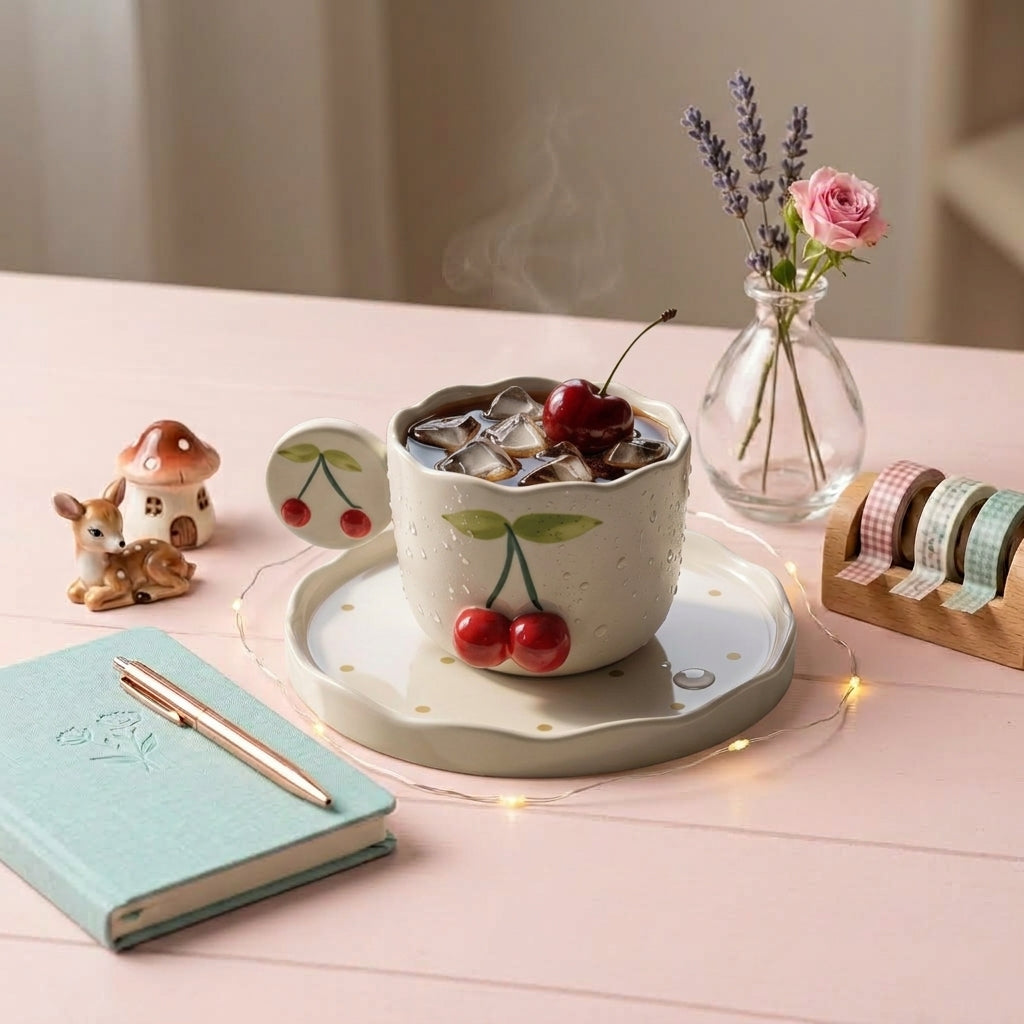 🍒 Red Cherry Ceramic Hot Chocolate Mug & Saucer Set – Cute Cozy Cup for Coffee, Tea &Warm Drinks (Copy)