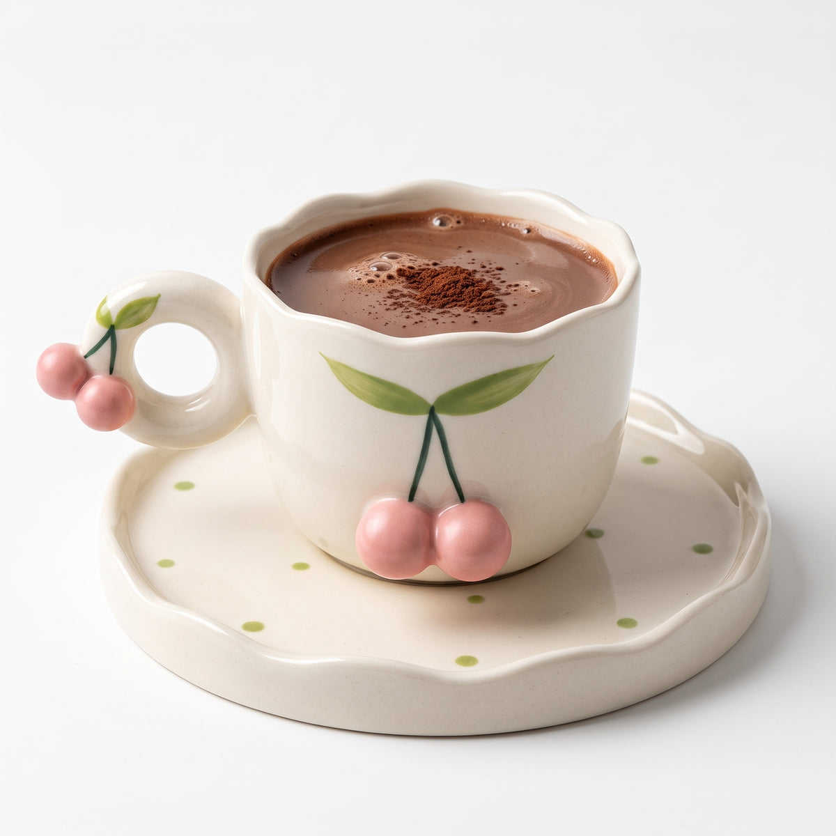 🍒 Pink Cherry Ceramic Hot Chocolate Mug & Saucer Set – Cute Cozy Cup for Coffee, Tea &Warm Drinks