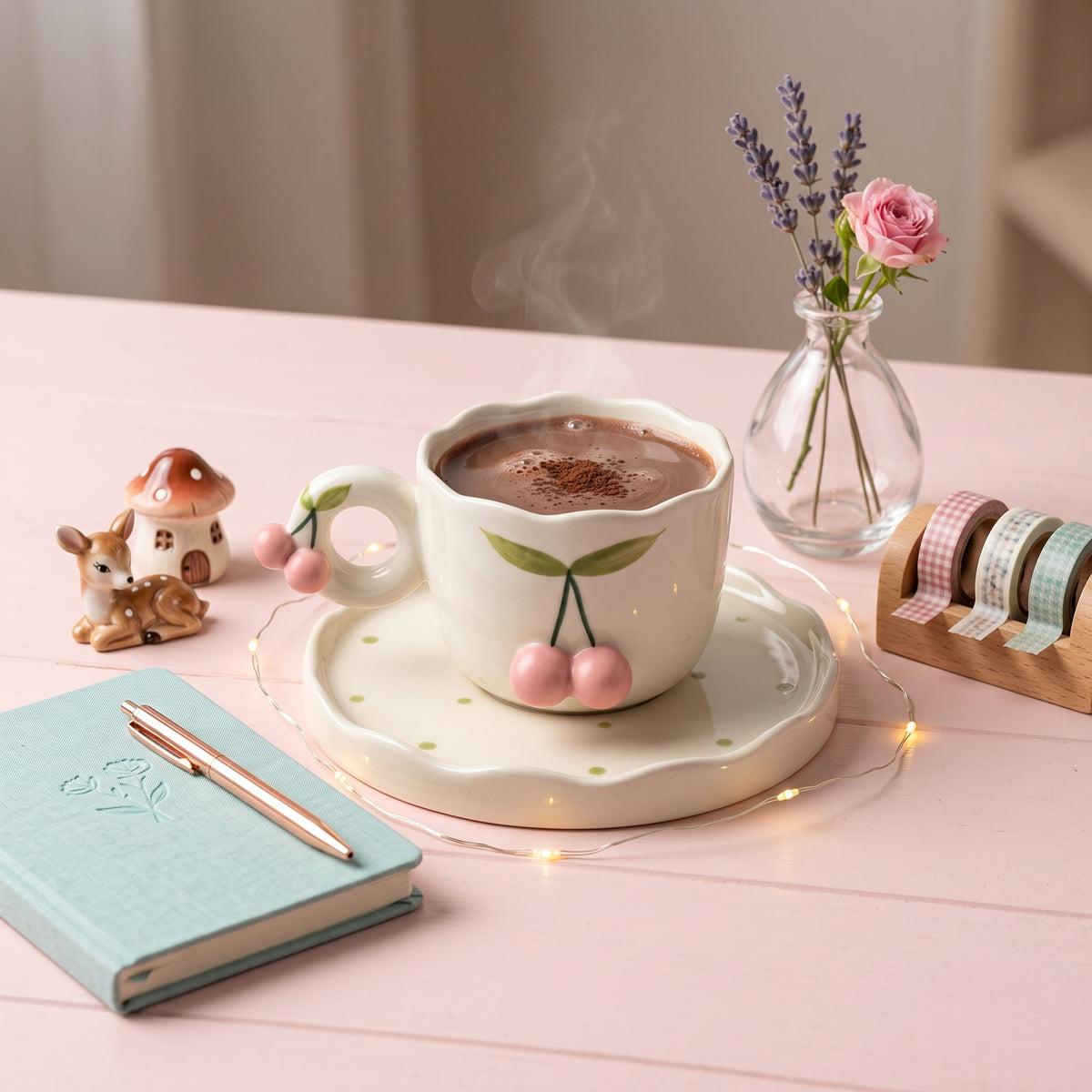 🍒 Pink Cherry Ceramic Hot Chocolate Mug & Saucer Set – Cute Cozy Cup for Coffee, Tea &Warm Drinks