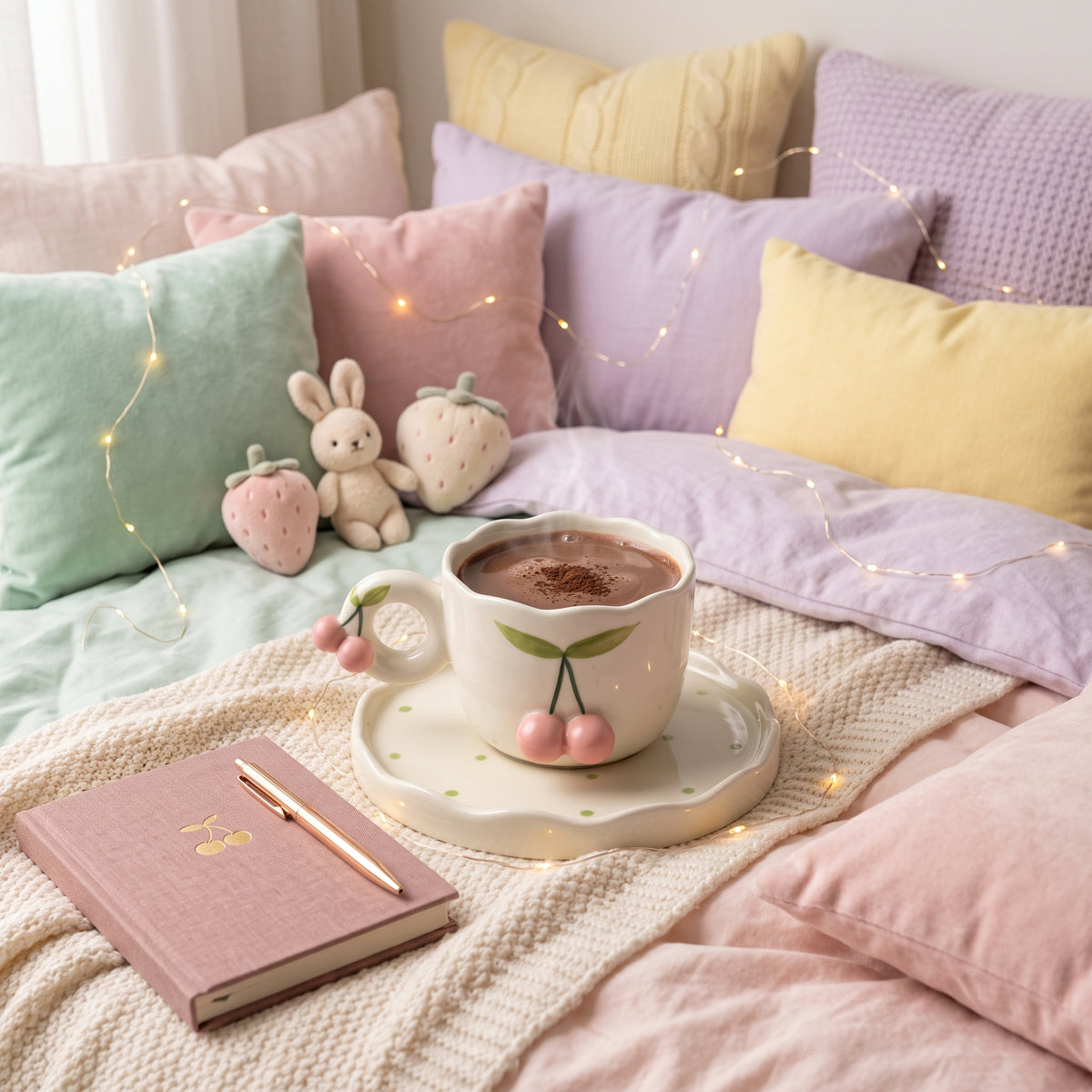 🍒 Pink Cherry Ceramic Hot Chocolate Mug & Saucer Set – Cute Cozy Cup for Coffee, Tea &Warm Drinks