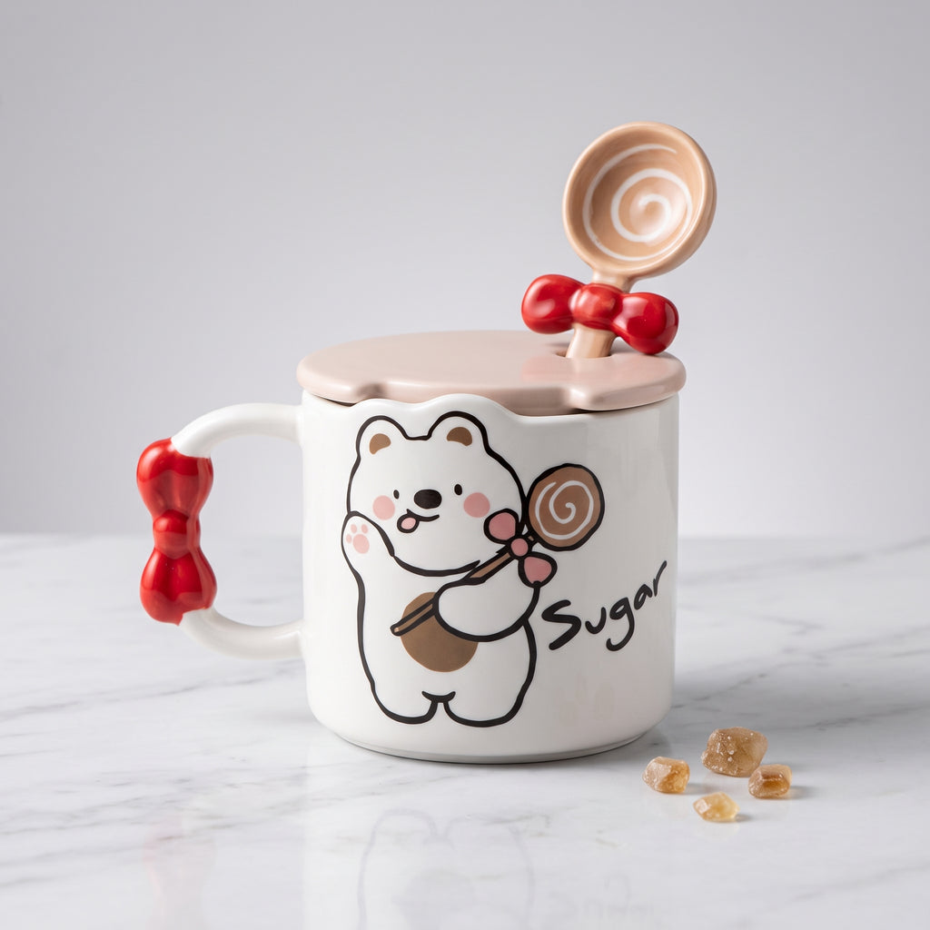 🧸 Beige Cute Bear Ceramic Coffee Mug with Lid & Spoon – Premium Microwave & Dishwasher Safe Coffee Cup Gift