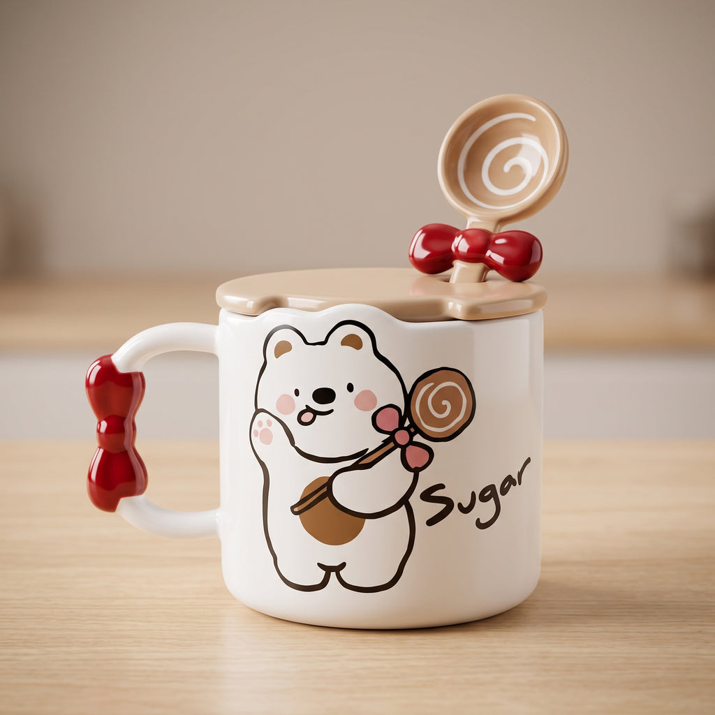🧸 Beige Cute Bear Ceramic Coffee Mug with Lid & Spoon – Premium Microwave & Dishwasher Safe Coffee Cup Gift