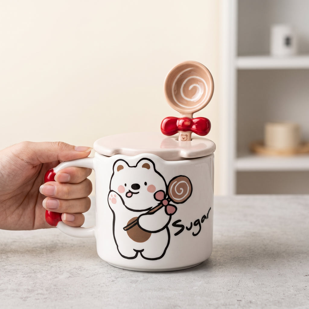 🧸 Beige Cute Bear Ceramic Coffee Mug with Lid & Spoon – Premium Microwave & Dishwasher Safe Coffee Cup Gift