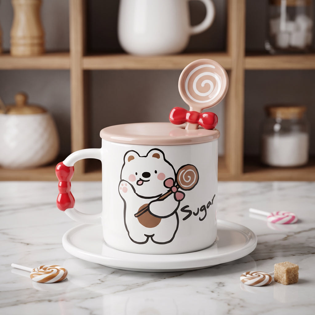 🧸 Beige Cute Bear Ceramic Coffee Mug with Lid & Spoon – Premium Microwave & Dishwasher Safe Coffee Cup Gift