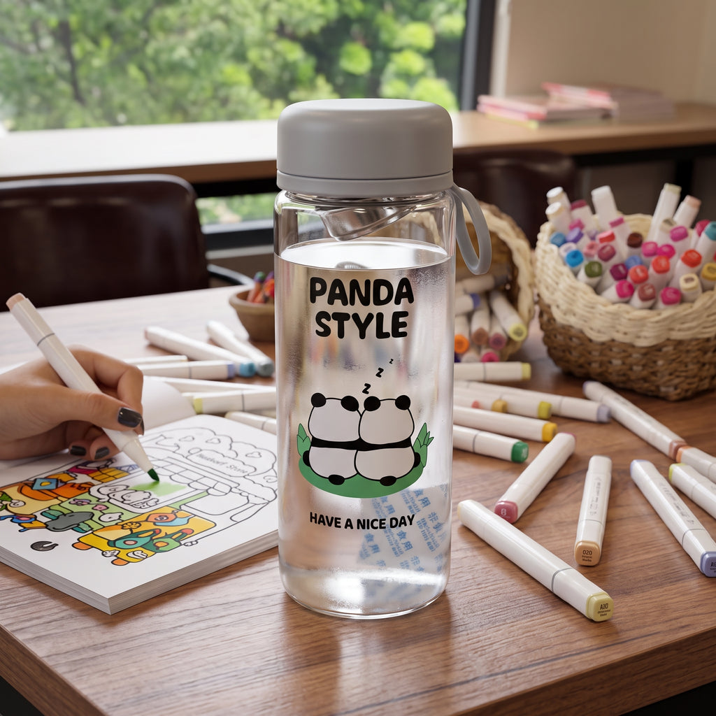 🐼 Grey Cute Panda Glass Water Bottle with Tea Infuser – Grey Leakproof Reusable Bottle