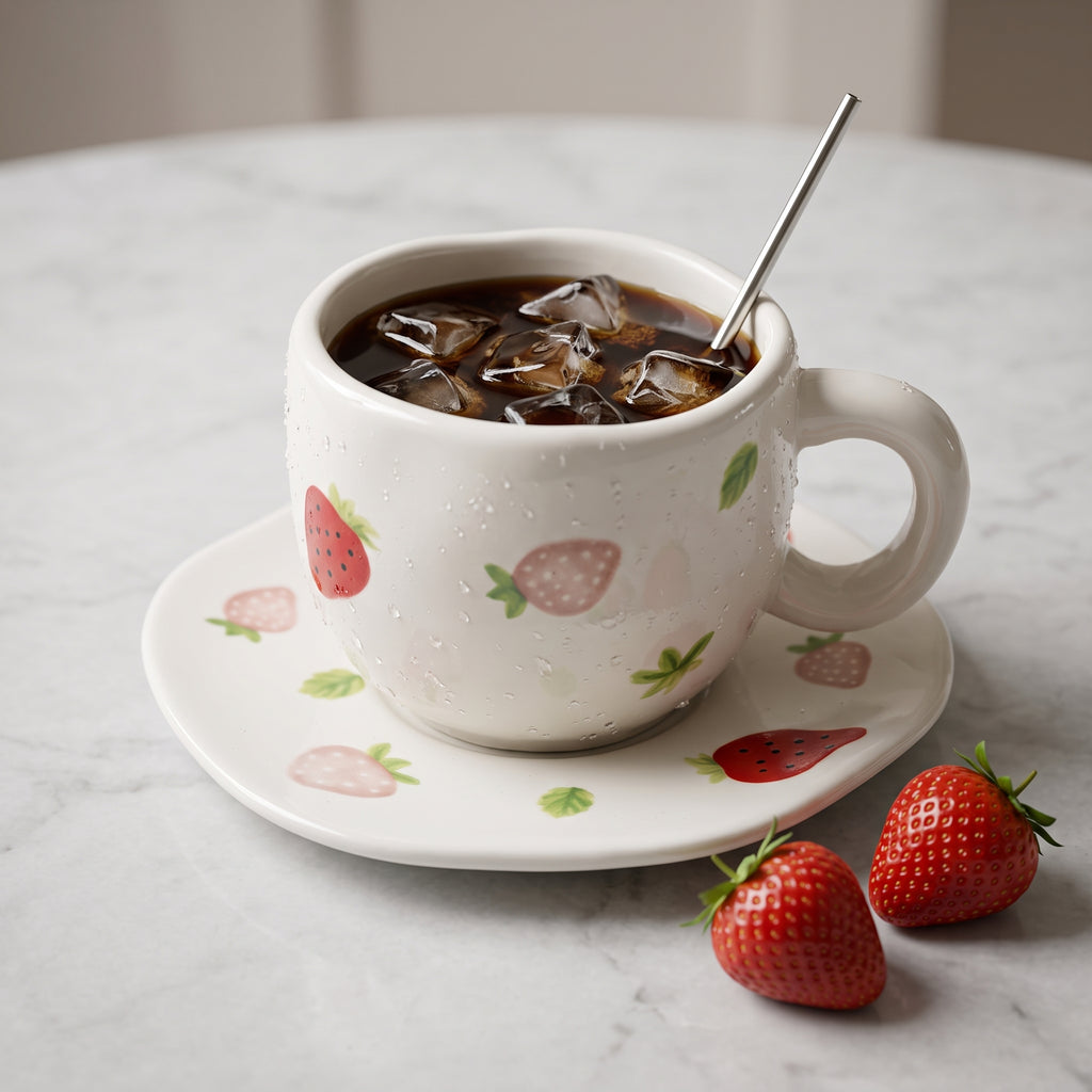 Strawberry Ceramic Coffee Mug with Matching Saucer – Microwave & Dishwasher Safe | Premium Strawberry Coffee Cup Gift