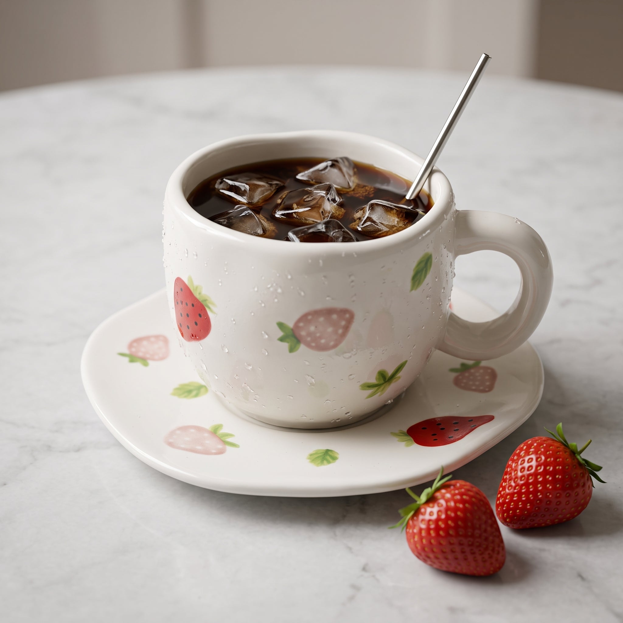 Strawberry Ceramic Coffee Mug with Matching Saucer – Microwave & Dishwasher Safe | Premium Strawberry Coffee Cup Gift