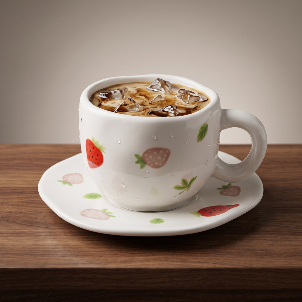 Strawberry Ceramic Coffee Mug with Matching Saucer – Microwave & Dishwasher Safe | Premium Strawberry Coffee Cup Gift