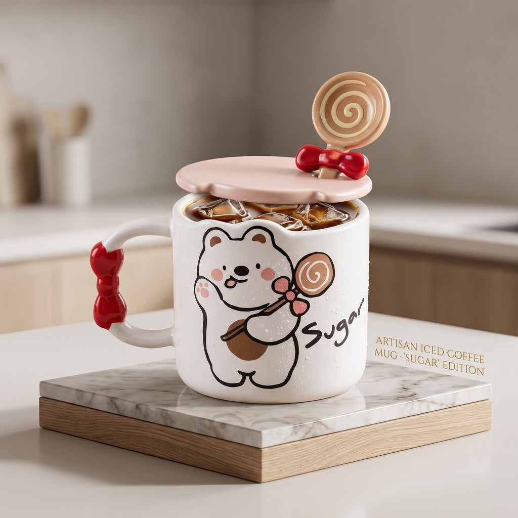 🧸 Beige Cute Bear Ceramic Coffee Mug with Lid & Spoon – Premium Microwave & Dishwasher Safe Coffee Cup Gift