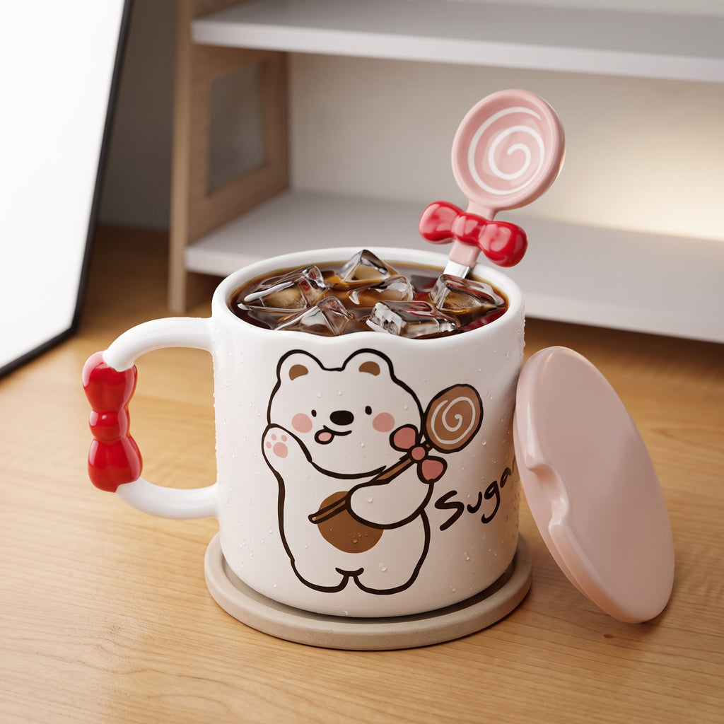 🧸 Beige Cute Bear Ceramic Coffee Mug with Lid & Spoon – Premium Microwave & Dishwasher Safe Coffee Cup Gift