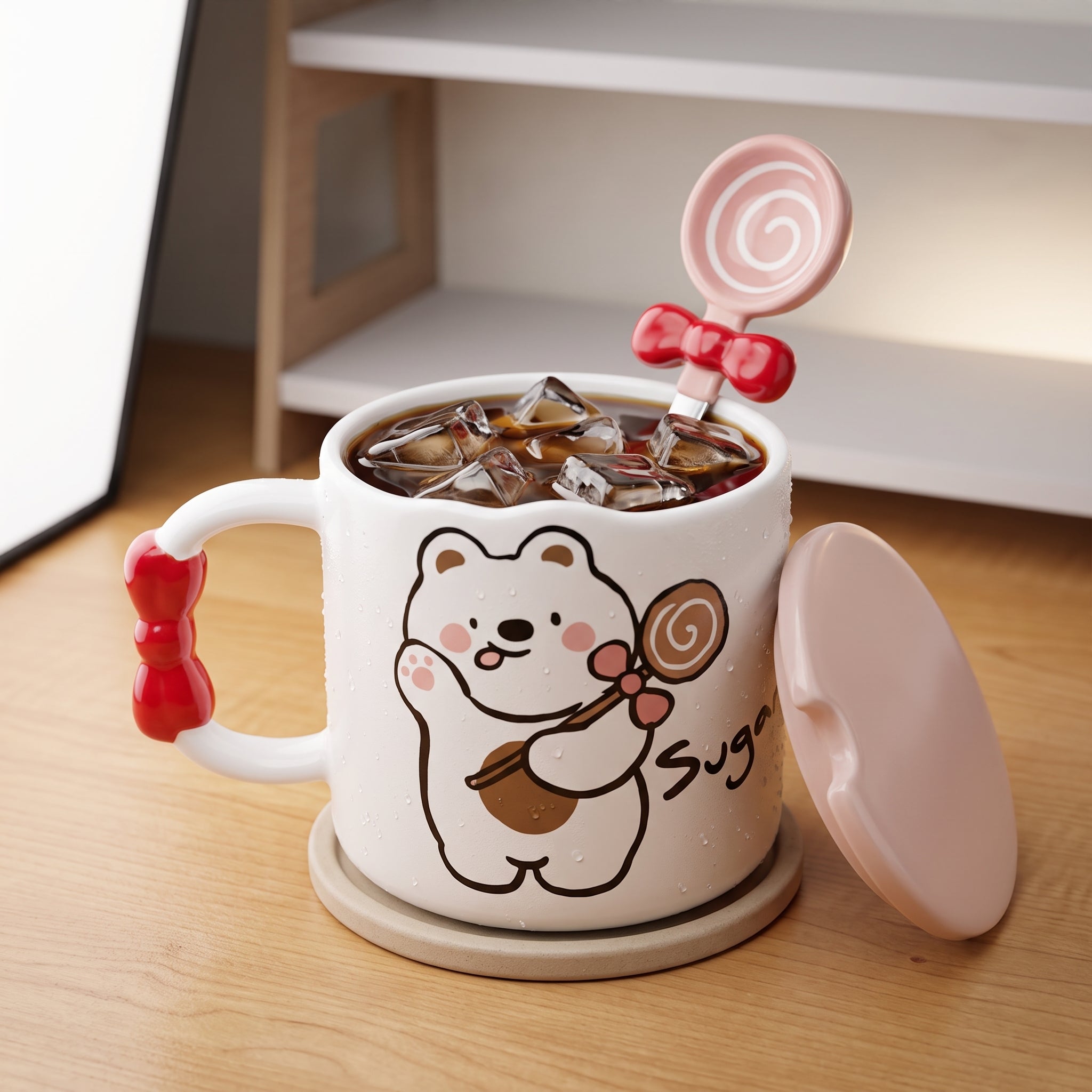 🧸 Beige Cute Bear Ceramic Coffee Mug with Lid & Spoon – Premium Microwave & Dishwasher Safe Coffee Cup Gift