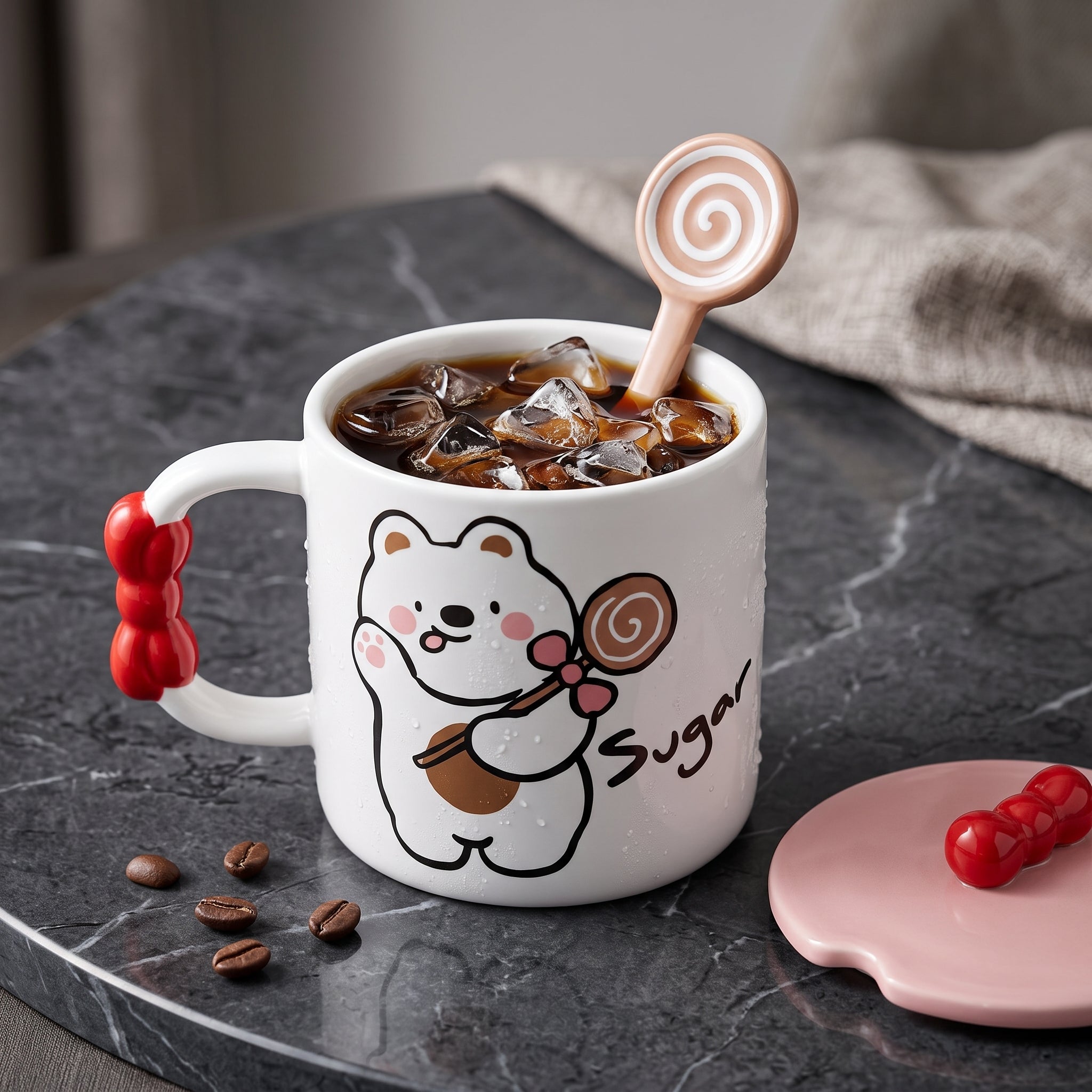 🧸 Beige Cute Bear Ceramic Coffee Mug with Lid & Spoon – Premium Microwave & Dishwasher Safe Coffee Cup Gift