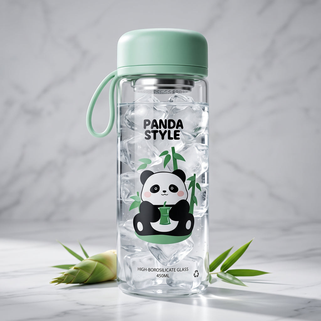 🐼 Green Cute Panda Glass Water Bottle with Tea Infuser – Leakproof Reusable Drinking Bottle