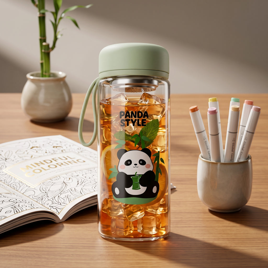 🐼 Green Cute Panda Glass Water Bottle with Tea Infuser – Leakproof Reusable Drinking Bottle