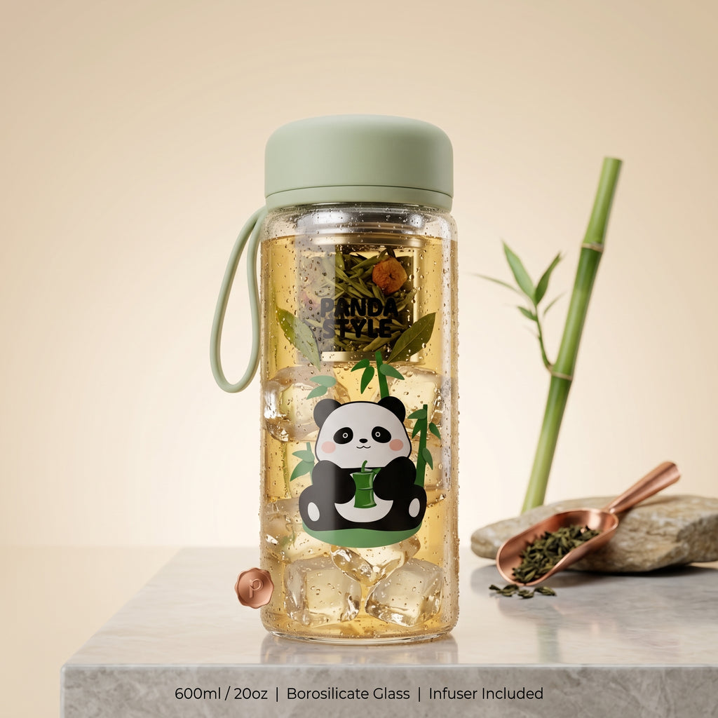 🐼 Green Cute Panda Glass Water Bottle with Tea Infuser – Leakproof Reusable Drinking Bottle