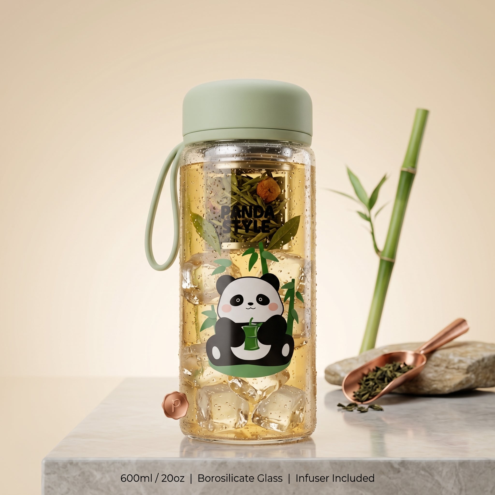 🐼 Green Cute Panda Glass Water Bottle with Tea Infuser – Leakproof Reusable Drinking Bottle