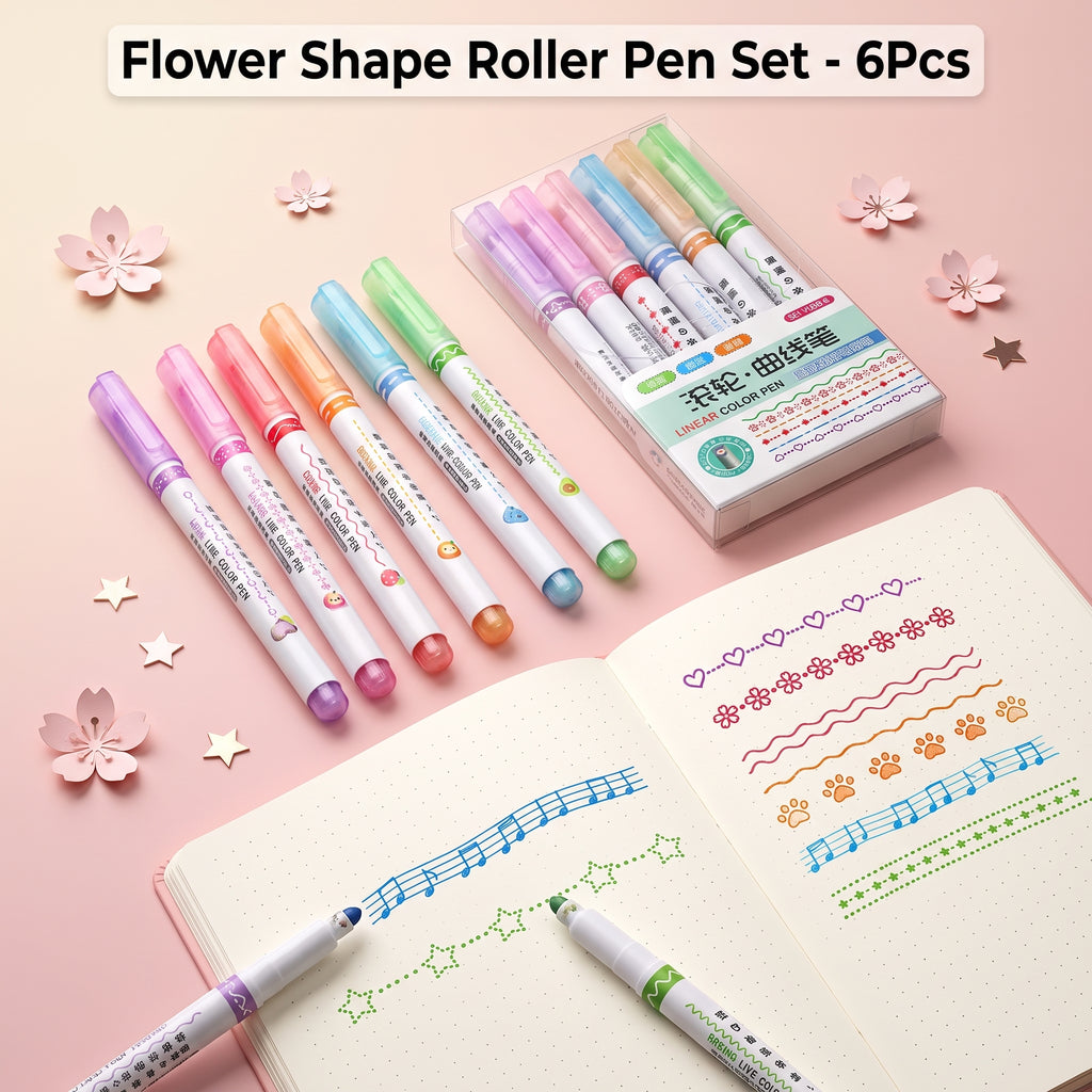🎨 6Pcs/Set Flower Shape Outline Pens Highlighter Marker Curve Roller Tip Pen Cute Stationery Kawaii Graffiti School Acsesories