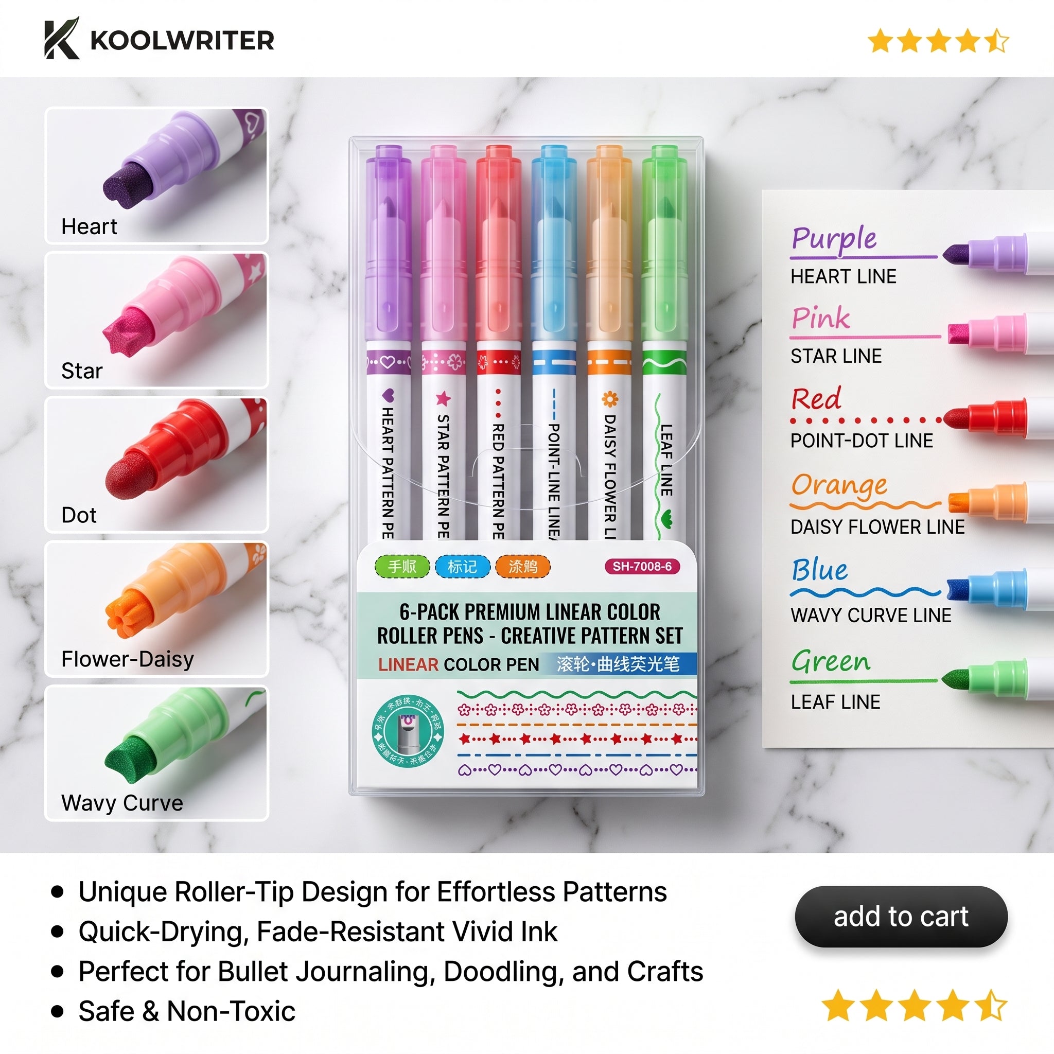 🎨 6Pcs/Set Flower Shape Outline Pens Highlighter Marker Curve Roller Tip Pen Cute Stationery Kawaii Graffiti School Acsesories