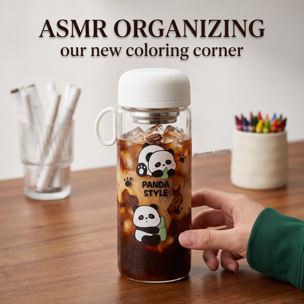 🐼 Light Pink Cute Panda Glass Water Bottle