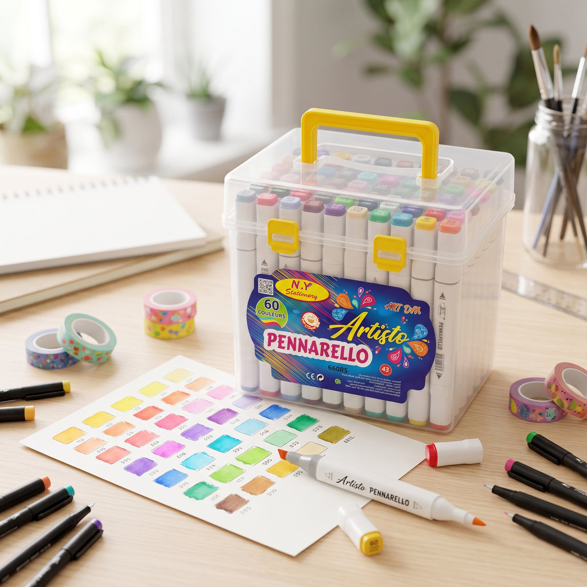 🎨 🖍️ 60 Alcohol-Based Dual-Tip Markers — TRANSPARENT BOX