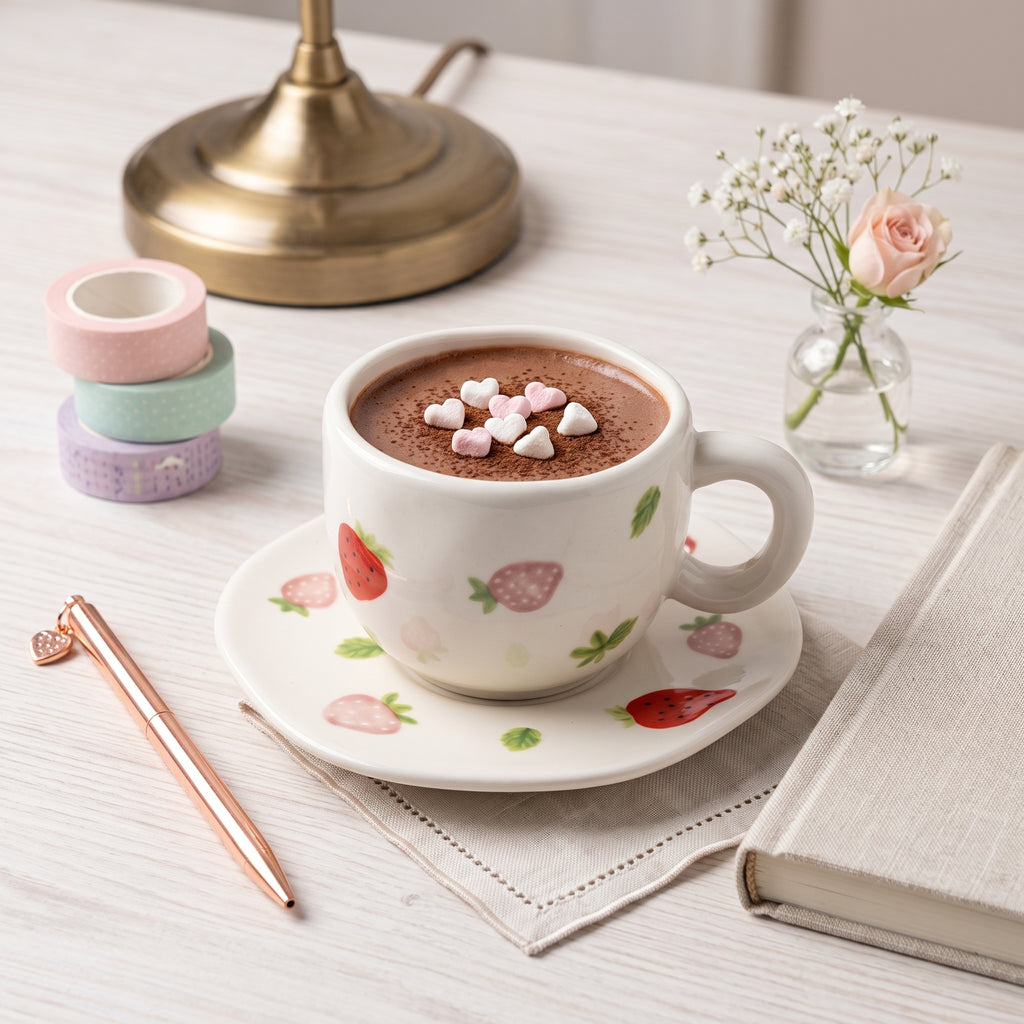 🍓☕ Strawberry Hot Chocolate Mug – Cute Ceramic Cup with Matching Saucer