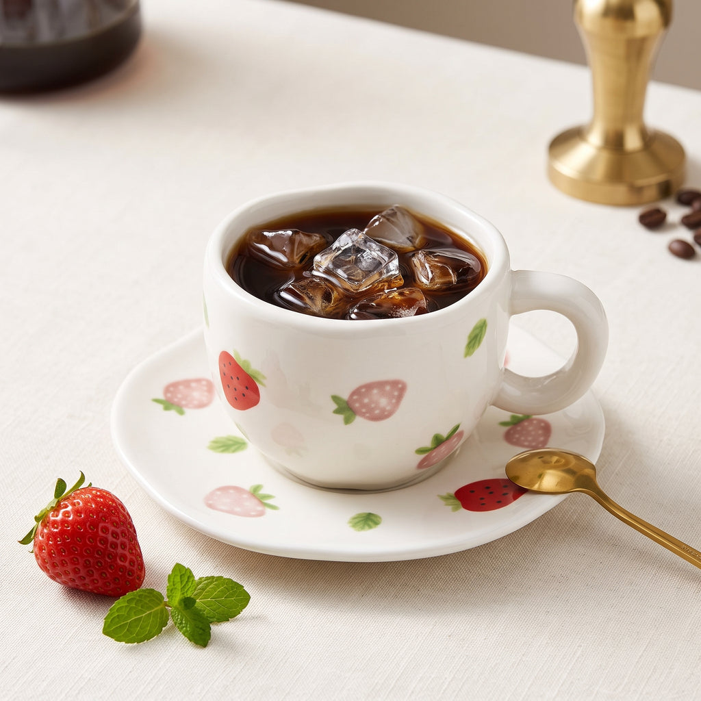 🍓☕ Strawberry Hot Chocolate Mug – Cute Ceramic Cup with Matching Saucer