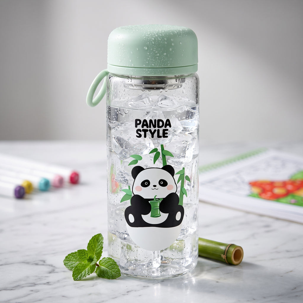 🐼 Green Cute Panda Glass Water Bottle with Tea Infuser – Leakproof Reusable Drinking Bottle