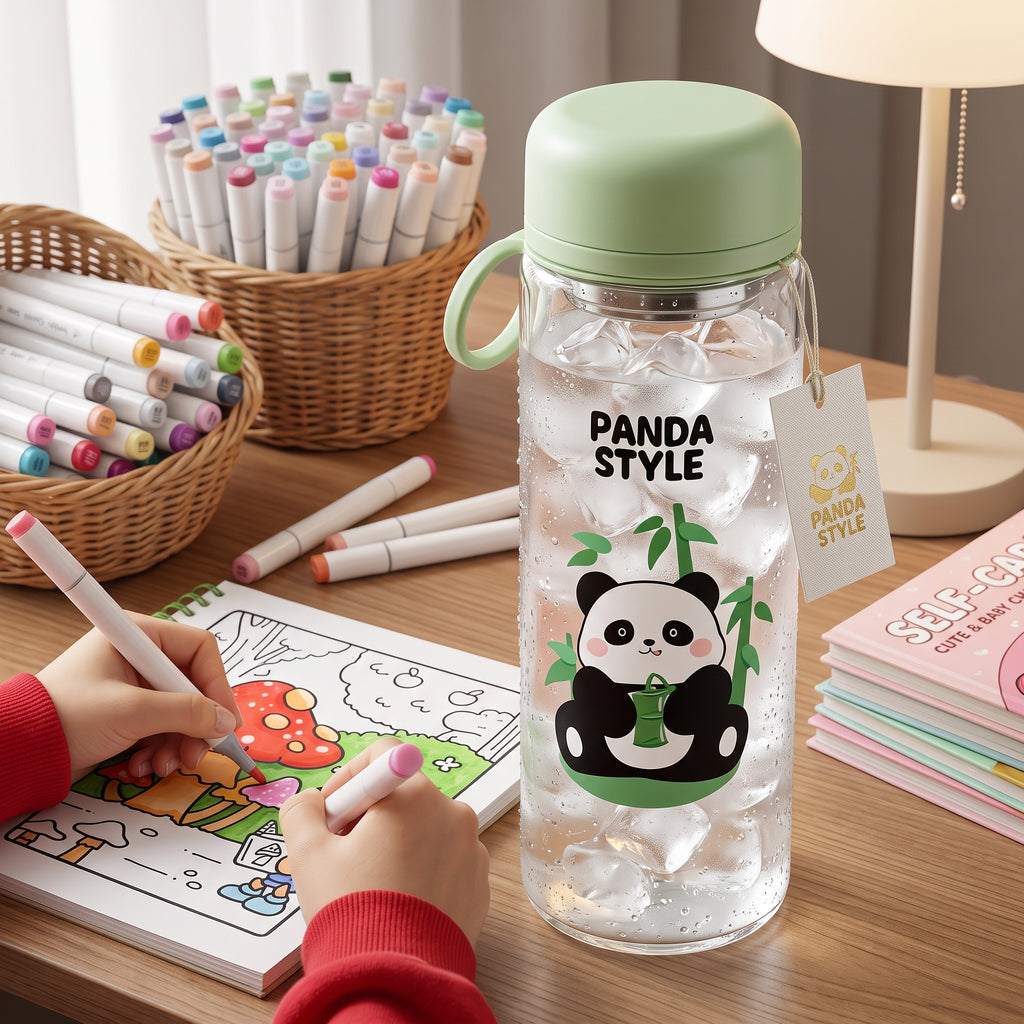 🐼 Green Cute Panda Glass Water Bottle with Tea Infuser – Leakproof Reusable Drinking Bottle